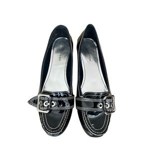 Etinenne Aigner Black Patent Leather Loafers Buckle Stitch Detail Women's 10M